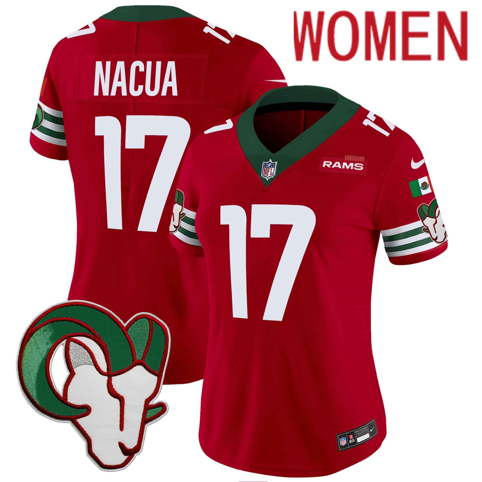 Women Los Angeles Rams #17 Nacua Red 2024 Nike Mexico Vapor Limited NFL Jersey style 1->women nfl jersey->Women Jersey